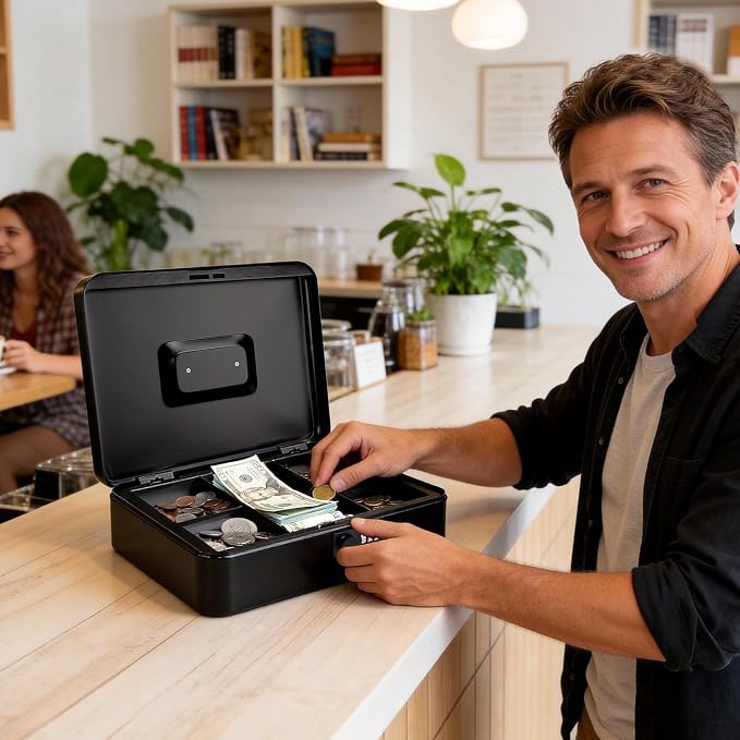Jssmst X- Large Cash Box with Combination Lock - Durable Metal Cash Box with Money Tray, Black, 11.81 x 9.84 x 3.46 inches, CB0701XLN