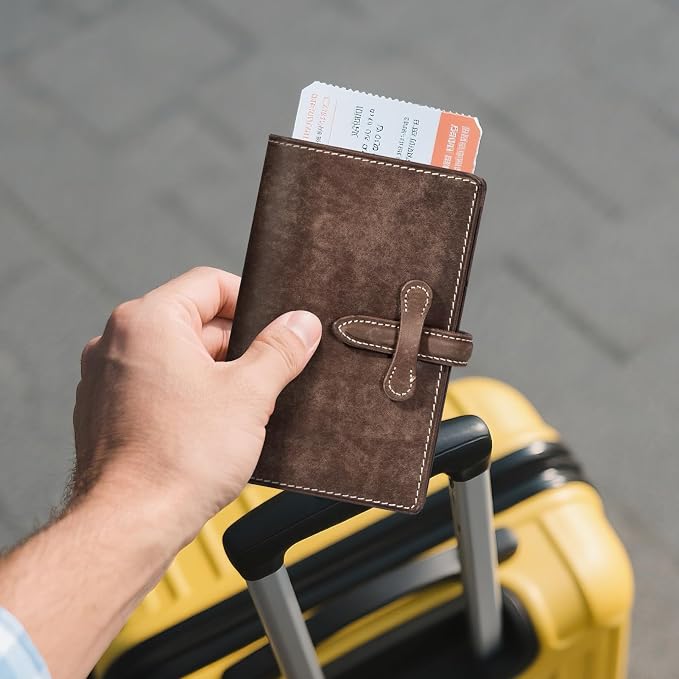 Leather Passport Holder for Travel,Passport Wallet,khaki | RFID Blocking Card Slot,Top-Grain leather with Magic Buckle,Boarding Pass Pocket,Retro Style,Slim and Light-weight
