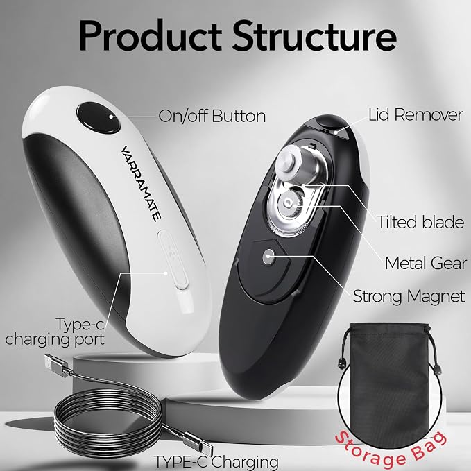 YARRAMATE Rechargeable Electric Can Opener, USB-C Smooth Edge Cutter | USB-C Automatic Can Opener, Fits for Most Cans, Friendly for Seniors, Includes Storage Bag