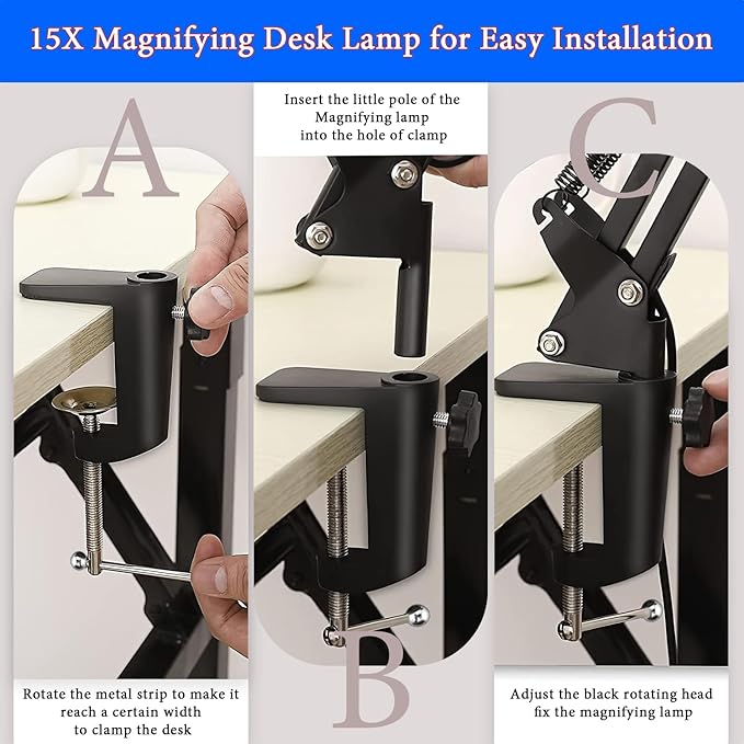 15X Magnifying Glass Desk Lamp with Clamp and Base, Real Glass Lens, 84 LEDs, 5 Color Modes Dimmable, Led Lamp Magnifier with Dust Cover, Clean Cloth, Ideal Gift for Seniors, Crafters, Hobbyists
