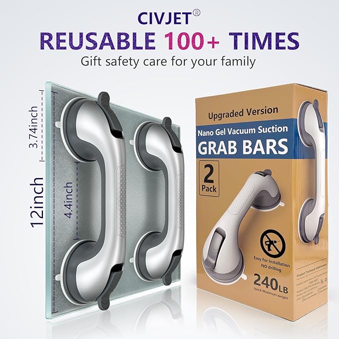 2 Pack Grab Bars for Bathtubs and Showers, Shower Handles for Elderly Seniors bar Safety 500 lbs Walls Handicap Heavy Duty Holder Hooks to Lift Large Tile Glass Suction Cups Tool