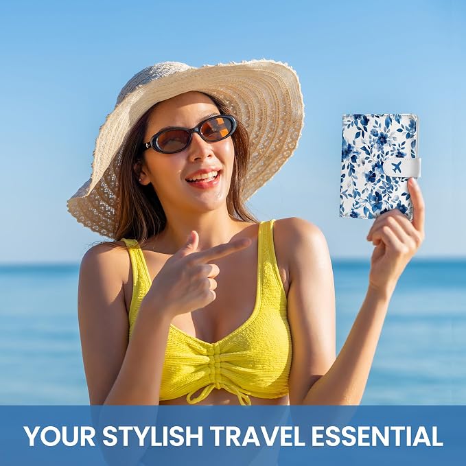 Passport Holder for Travel Essentials, RFID Blocking Leather Cover Wallet with Magnetic Closure, Aesthetic & Cute Passport Book Case for Women and Men - BlueFloral