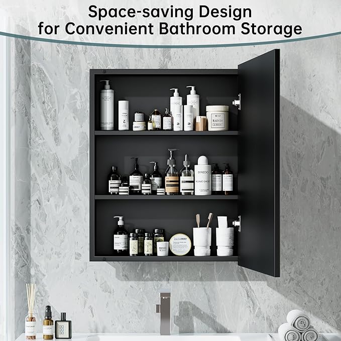 24" x 30" Metal Framed Medicine Cabinet, Bathroom Medicine Cabinet with Mirror, Adjustable Shelves, Tempered Glass Design, Recessed Mirrored Medicine Cabinets for Storage,Black
