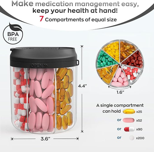 Pill Bottle Organizer with 7 Large Compartments, Pill Dispenser for Travel, Supplement Organizer with Anti-Mixing Design, BPA-Free Pill Container with 20 Pcs Labels, Black