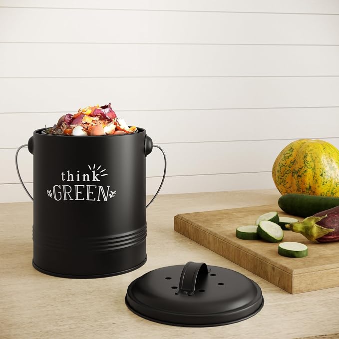Barnyard Designs 1.2 Gallon Kitchen Counter Compost Bin with Lid (Black) | Countertop Composter with Smell-Absorbing Filters and Removable Inner Bucket; Food Waste Pail for Easy Cleaning