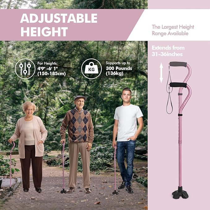 GPTCAMP G1 Walking Stick, Walking Cane for Women & Men with Wrist Strap, Lightweight & Sturdy Offset EVA Handle, Large Quad Base, Self Standing for Seniors and People with Injuries & Recovery