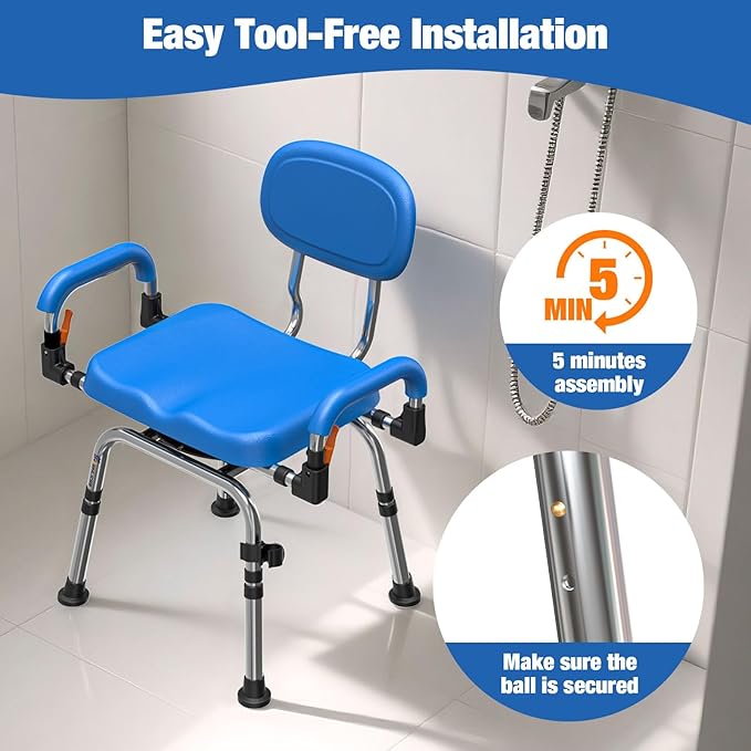4-in-1 Wide 360Β° Swivel Shower Chair for Elderly and Disabled, Adjustable Height & Arms Width Padded Shower Chair for Inside Shower & Bathroom Bath Tub, 300lb Capacity Bariatric Shower Seats with Arms