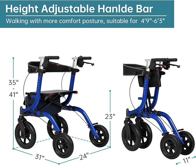 ELENKER All-Terrain Rollator Walker with Seat, Outdoor Rolling Walker, 12” Non-Pneumatic Tire Front Wheels, Compact Folding Design for Seniors, Blue