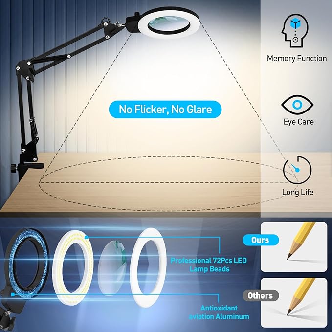 KIRKAS 12X Magnifying Glass with Light and Stand, Any Color Modes & Stepless Brightness LED Magnifying Lamp with Clamp, 2-in-1Hands Free Magnifier Desk Lamp for Repair Painting Crafts-Knob Yellow