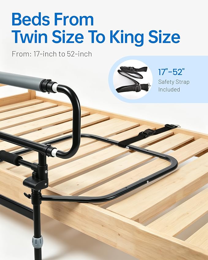Safety Bed Rail for Elderly Adults - Foldable Bed Assist Rail with Adjustable Height & Storage Pocket, Bedside Support Handle for Seniors, Post Surgery Recovery & Fall Prevention