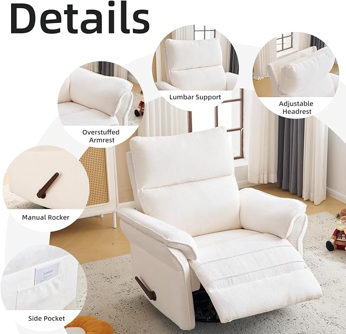 Oversized Recliner Chair, 24" Extra Wide 360° Swivel Rocker Recliner with Adjustable Headrest, Chenille Glider Rocking Nursery Chair with Overstuffed Armrest, Lumbar Support, White