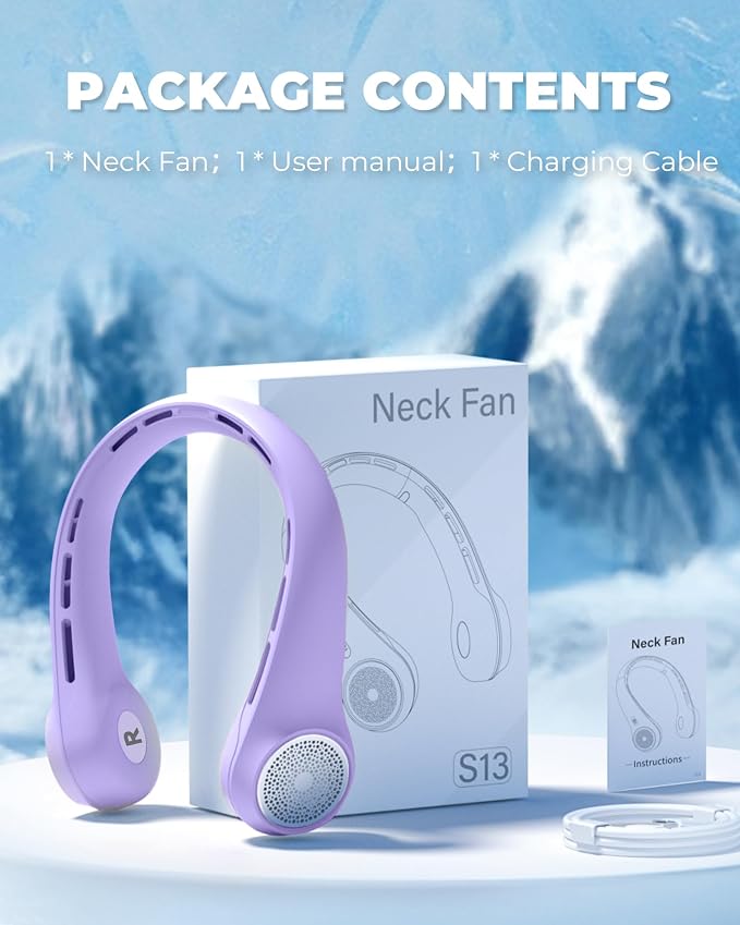 Portable Neck Fan with 4000mAh Rechargeable Battery & LED Display, Personal Cooler for Women/Men, 3-Speed Bladeless 360° Cooling Fans, Stylish Gift for Gym/Travel/Office,Light Purple