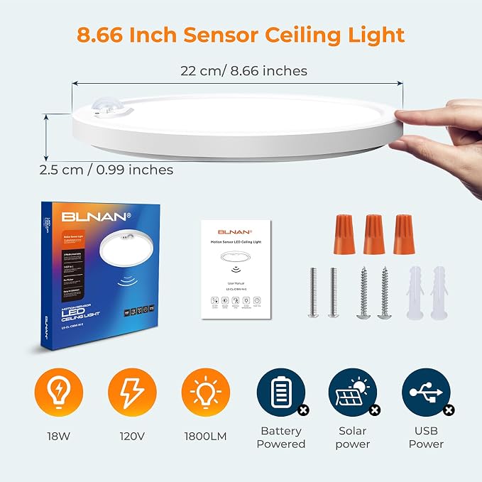 Motion Sensor Ceiling Light Wired, 8.7 Inch 3000K 4000K 5000K Selectable LED Flush Mount Light Fixture, Motion Activated Light with Timer for Hallway Stair Walk-in Closet, Non-Dimmable 4 Pack
