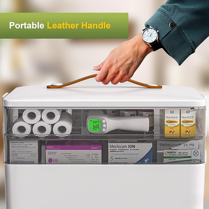 JOYBOS 3-Tier Medicine Storage Box Cabinet, Empty First Aid Kit Portable Medical Supply Organizer with Leather Handle for Home 3-Tier Medicine Storage Box