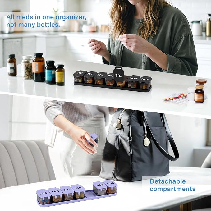 Yaklim Extra Large Weekly Pill Organizer - Waterproof 7-Day Pill Box, Portable Vitamin & Supplement Case, Easy to Open Design, Ideal for Travel and Daily Medication Management (BlackPurple, 2 Packs)