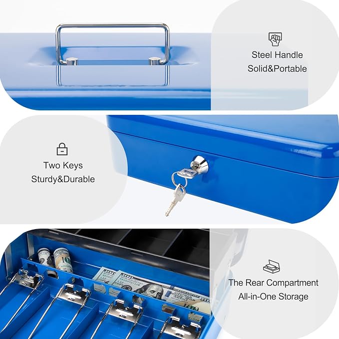 Jssmst Locking Large Metal Cash Box with Money Tray, Lock Money Box with Key, Blue, CB00513XL