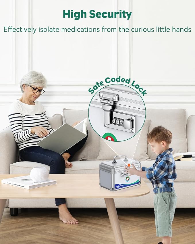 Uniclife Medicine Lock Box,10x6x6.5 in, Medication Lock Box With Code | Security combination lock, robust aluminum construction, portable carry handle, removable ABS tray, ideal for home & office