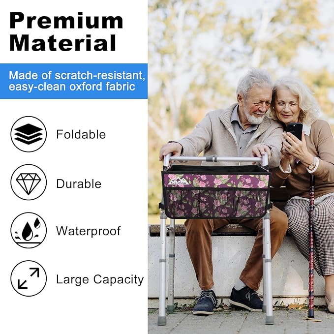 supregear Walker Basket, Foldable Walker Bag with Cup Holder, Storage Pouch with Large Capacity and Never Tipping Over, Hand-Free for Seniors Elderly, Not Fit for Rollator, Floral Purple