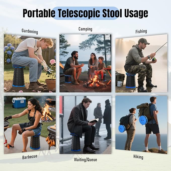Doseno Collapsible Stool Set of 2, Camping Chairs, Portable Chair, Blue | Folding stool with foldable design and straps; portable stool and retractable stool for outdoor fishing, hiking and travel.