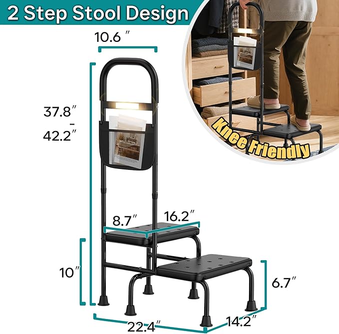 Step Stool with Handle – 2 Step Foot Stool for Adults, Non-Skid Bed Steps for High Beds, Adjustable Handrail with Night Light & Storage Bag, Safe Step Stool for Seniors & Elderly