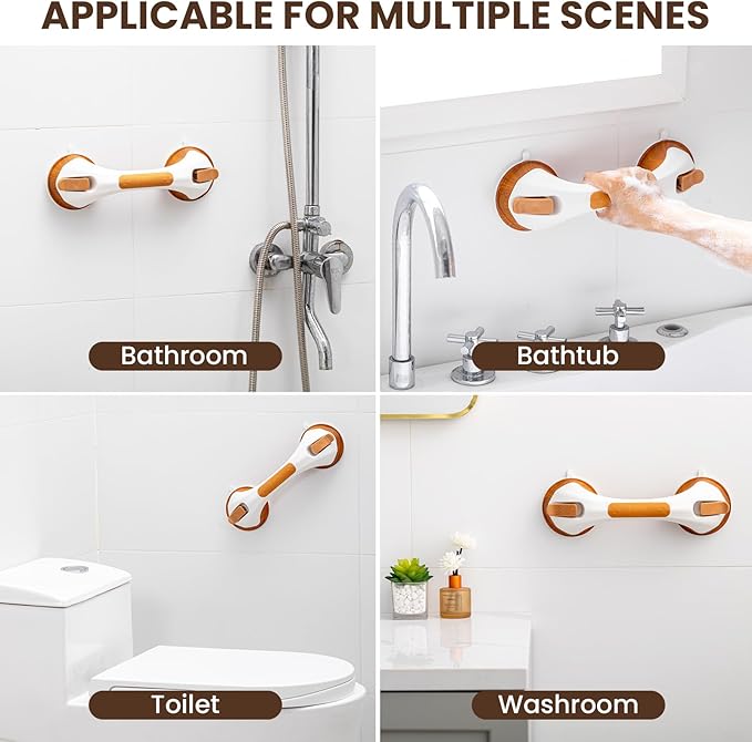 TAILI Shower Grab Bar, 12 Inch Shower Handle for Bathtubs and Elderly, Suction Grab Bars for Seniors Bathroom Safety Handles for Elderly, No Drilling Removable,Wood Grain