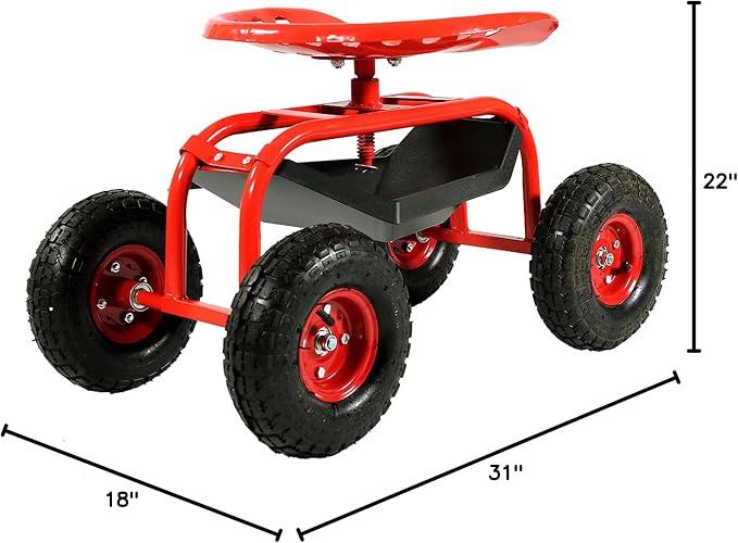 Sunnydaze Rolling Garden Cart with Swivel Seat and Storage, Red | Steel Rolling Gardening Seat with Utility Tray, and Basket for Storage, Rotating, Swiveling Motion