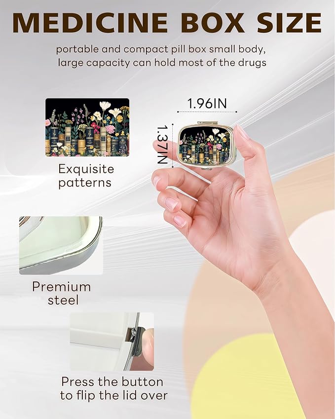 LRITER Pill Case, 2 Compartment Portable Small Travel Pill Organizer for Purse and Pocket, Stylish Medicine Case with Multiple Patterns, Daily Pillbox for Home & Travel (Flowers and Books)