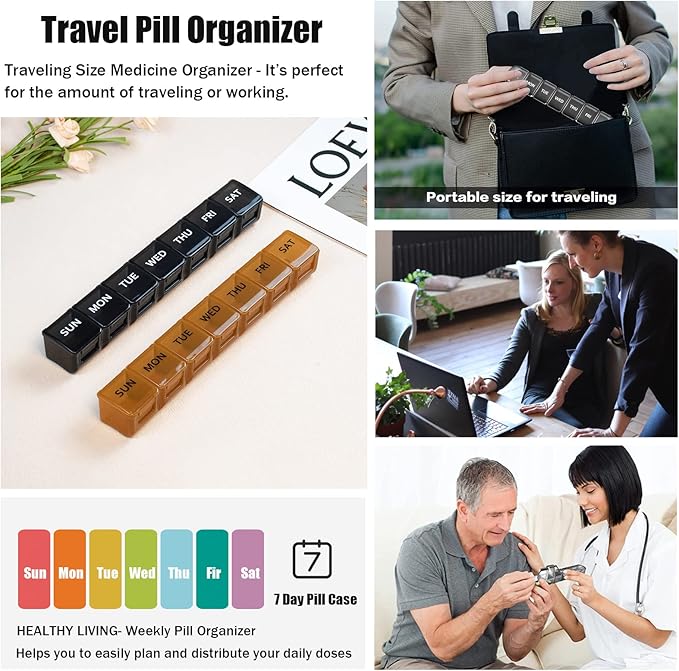 2 Pack Weekly Pill Organizer, Large 7 Day Pill Case, Daily Vitamin Case Medicine Box, AM/PM Pill Containers for Medicine Supplements Fish Oil (Khaki & Black)