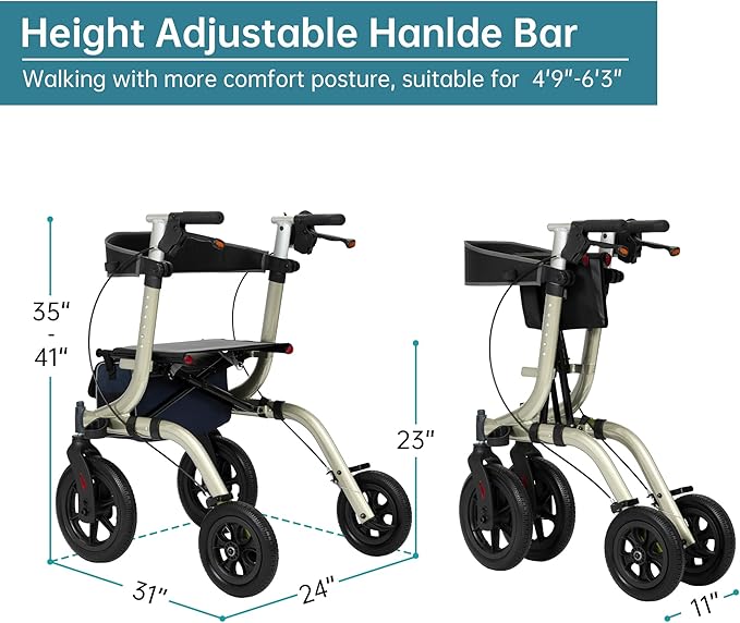 ELENKER All-Terrain Rollator Walker with Seat, Outdoor Rolling Walker, 12” Non-Pneumatic Tire Front Wheels, Compact Folding Design for Seniors, Champagne