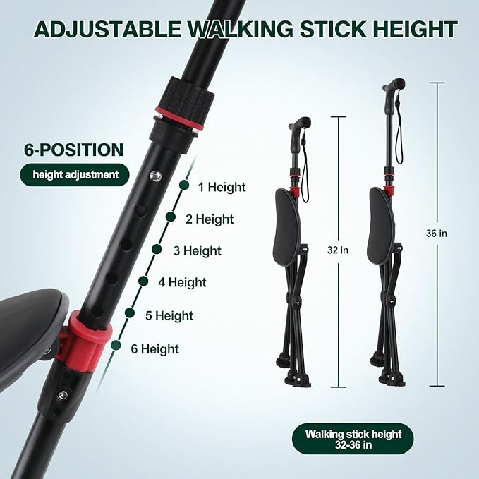 Walking Cane with Seat Holding 400lbs โ Folding Lightweight Walking Cane Chair for Seniors, Adjustable Height 32"-36", Heavy-Duty 3-Legged Cane Stool for Men Women (Black)