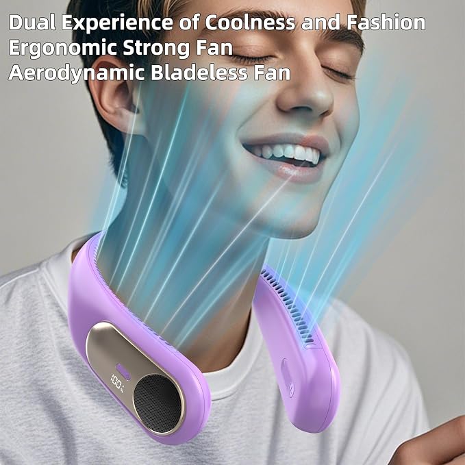 Portable Neck Fan, Personal Wearable Bladeless Fan for Outdoor Indoor, LED Display, 360° Cooling, 4-Speeds, 6000mAh USB Rechargeable, Birthday Gifts for Men Women Dad Mom (Purple)