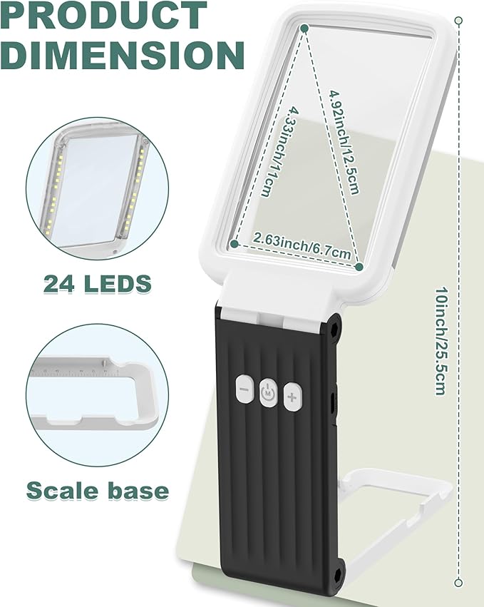 15X Magnifying Glass with Light and Stand, Rechargeable Folding Handheld Real Glass Magnifier, 3 Color Modes Dimmable Lighted Page Magnifying Sheet for Seniors Low Vision Small Prints