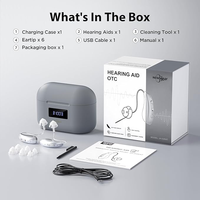 Rechargeable OTC Hearing Aids for Seniors & Adults (NewHear )16-Channel Digital Sound, Smart Noise Cancellation, Super Mini Invisible BTE Design, Charging Case, 5-Day Battery, Light Gray