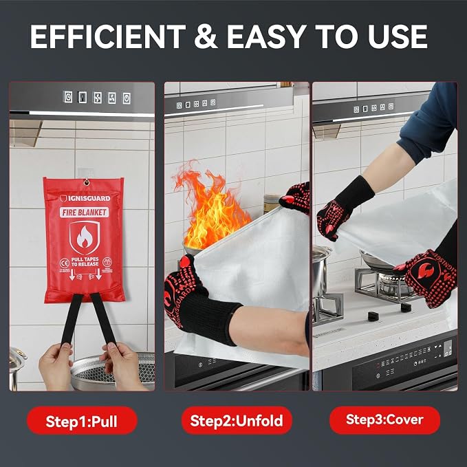 Emergency Fire Blankets for Home and Kitchen, 2-Pack 40"x40" Fiberglass Fire Suppression Blanket for Grease Fires, BBQ Grill, Camping, RV, Fireplace & Survival Safety