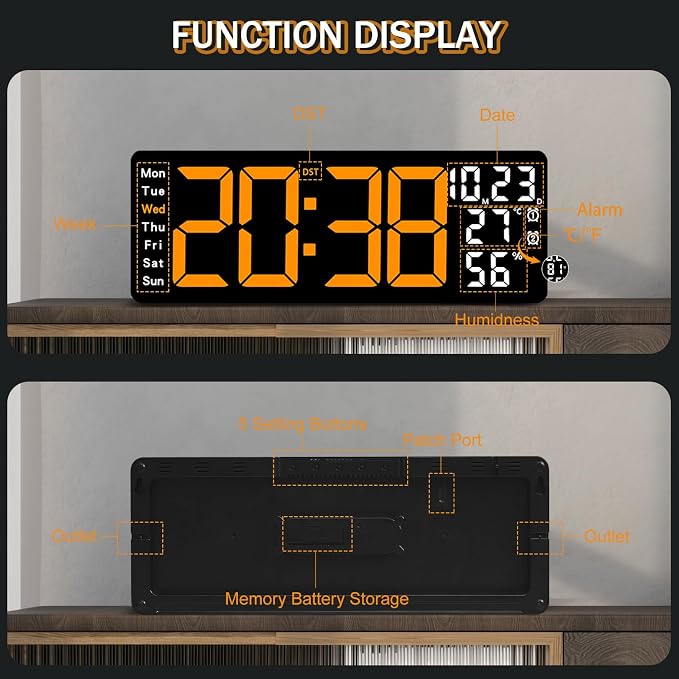 JoFomp 17.3" Large Digital Wall Clock, LED Digital Clock Large Display with Remote Control, Alarm Clock with Temp/DST/Dimmer/Humidity/Timer/Ambient Light - 12/24H, Alarm Wall Clock for Bedroom