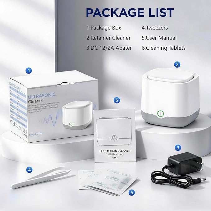 Ultrasonic Retainer Cleaner with 4 UVC Light, Jinyeda 45kHz Rechargeable Retainer Cleaner Machine 24W, 4000mAh Battery, 200ML Dental Cleaning Pod 3 Mode for Mouthguard Aligners Denture