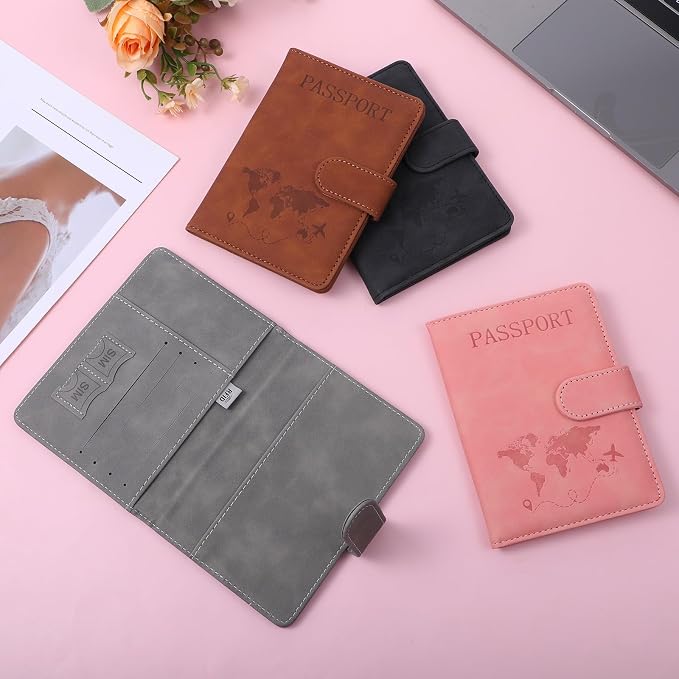 4 Pack Passport Holder for Travel, Passport Wallet Cover Case Waterproof RFID Blocking Passports Holders with Pen Holder Travel Must Haves Accessories, Passports Book Holders for Women and Men