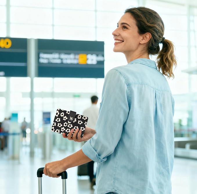 Passport Holder, Cute Travel Wallet Cover with RFID Blocking,Flower | PU leather travel wallet with magnetic closure, card slots, pen loop, and easy access for passports and essentials.