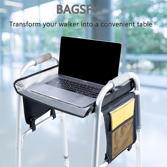 BAGSFY Walker Tray w/Side Pocket for Folding Walkers – Walker Accessory for Seniors with Cup Holder, Non-Slip Mat, and Easy Installation – Universal Fit Walker Table for Meals, Drinks, Reading