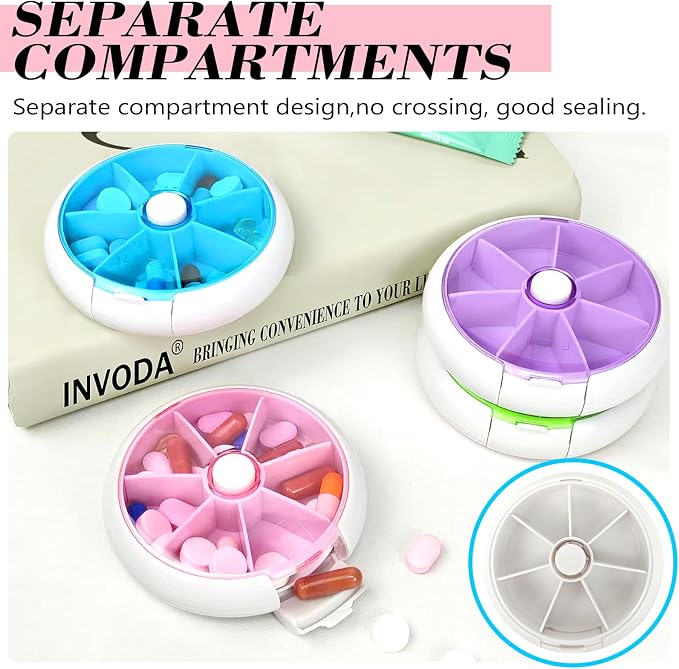 Pill Organizer Travel Pill Case for Purse Portable Pill Box Round Weekiy Pill Container for Vitamin Fish Oil Pills Supplements