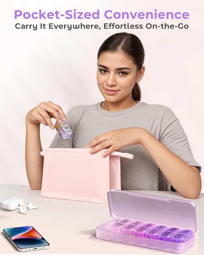 Pill Organizer, Am & Pm Pill Organizer 7 Days, Weekly Pill Case 2 Times a Day, Cute Pill Box 7 Day, Medicine Organizer for Travel, Vitamins, Fish Oils, Supplements (Gradient Pink-Purple)