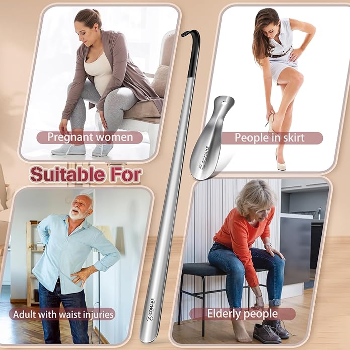 ZOMAKE Extra Long Shoe Horn for Seniors Men,Metal Shoehorn Long handle for Boots,Stainless Steel Shoe Spoon Helper