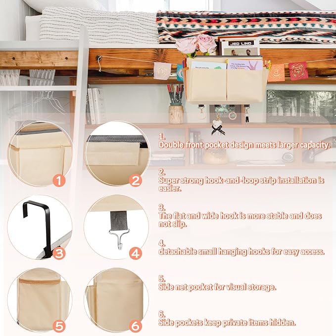 Bedside Caddy Organizer 5 Pockets and 4 Hooks for Bunk Bed Beige | Hanging Storage Bag for Headboards