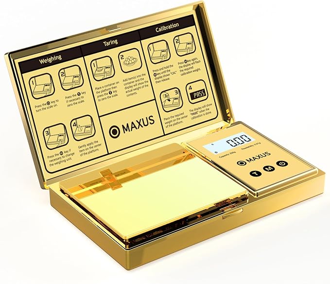 MAXUS Digital Gram Scale with 200g x 0.01g Capacity, Stylish Gold Plated Cover and Platform for Accurate and Precise Weighing of Jewelry, Grains, and Food in Grams and Ounces