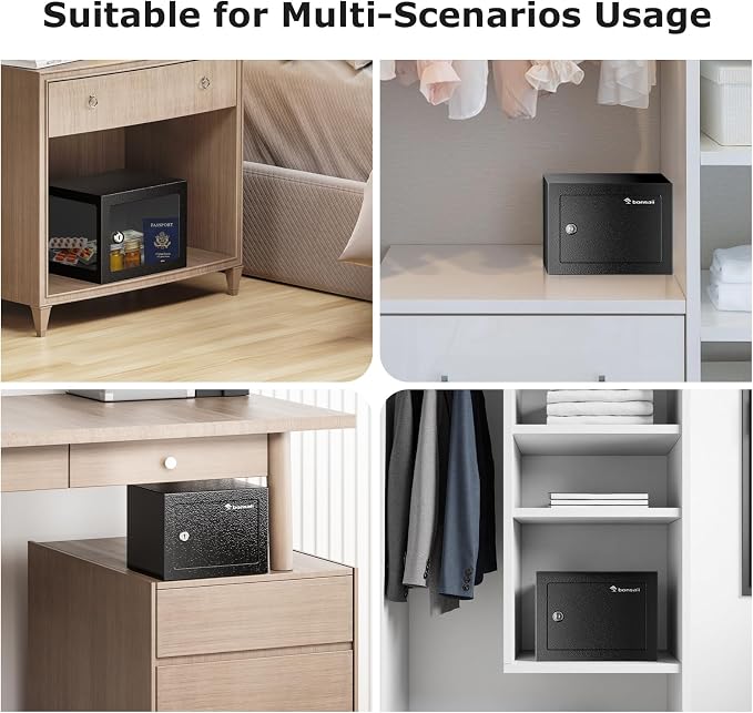 Bonsaii Safe Box with Key Lock, Steel Security Lock Box, 0.23 Cubic Feet, 9.06" W x 6.69" D x 6.69" H, Small Hidden Safe for Cash Jewelry | SPCC steel, 9.06x6.69x6.69 in, pry-resistant door & hidden hinges, pre-drilled for shelf/drawer/closet, includes...