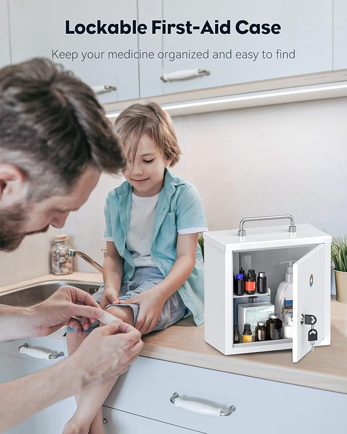 Uniclife Wall Mount Medicine Cabinet with Key Lock & Handle Locking First Aid Cabinet Lockable Medical Cabinet Lightweight Medium Medicine Organizer Secure Steel Wall Cabinet Metal Storage Box, White