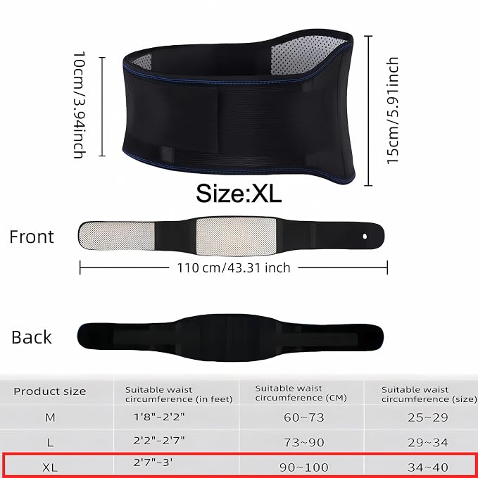 Self heating lumbar support strap suitable for both men and women - adjustable back support with thermal therapy, used to relieve lumbar discomfort, posture support (XL)