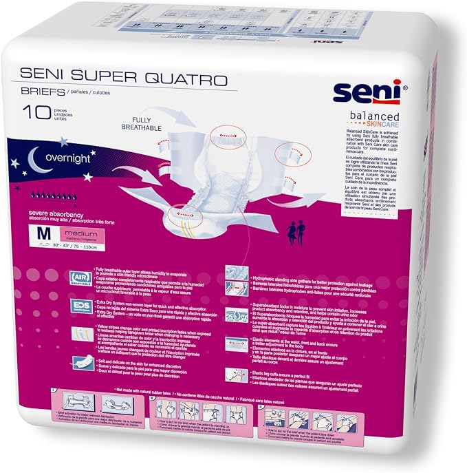 Seni Super Quatro Unisex Adult Incontinence Briefs with Tabs, Size Medium (30"-43"), 40 Count (4 Packs of 10), Severe Absorbency, Disposable Overnight Briefs for Men & Women