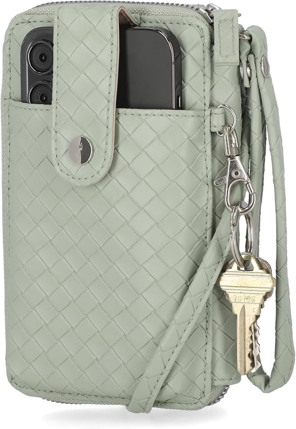 Mundi Jacqui RFID Crossbody Wallet for Women, Vegan Leather Small Travel Handbag with Phone Holder, Compact Organizer with Card Slots and Removable Strap, Vacation Purse in Thyme (Woven)