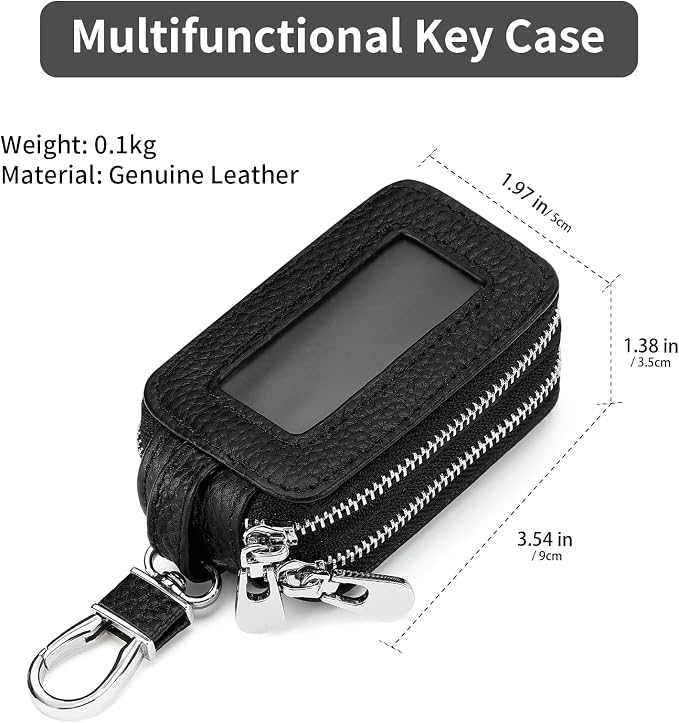 SENDEFN Car Key Fob Case Double Zipper Leather Smart Remote Keychain Protector Holder with Transparent Window